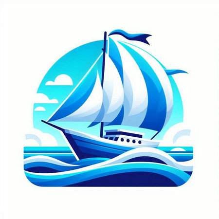 Illustration of a sailboat sailing in the sea. Blue icon.のイラスト素材