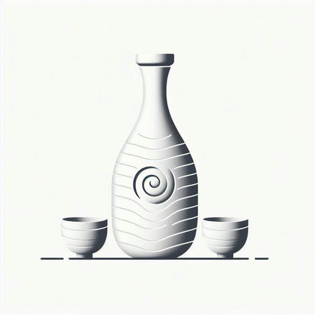 Illustration of Japanese sake bottle with two bowls on a white backgroundのイラスト素材