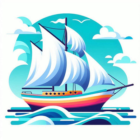 Sailing ship on the sea. Vector illustration in flat style.のイラスト素材
