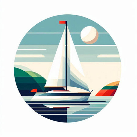 Sailing boat on the sea in the circle. Vector illustration.のイラスト素材