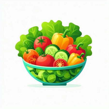 Fresh vegetables in a bowl isolated on white background. Vector illustration.のイラスト素材