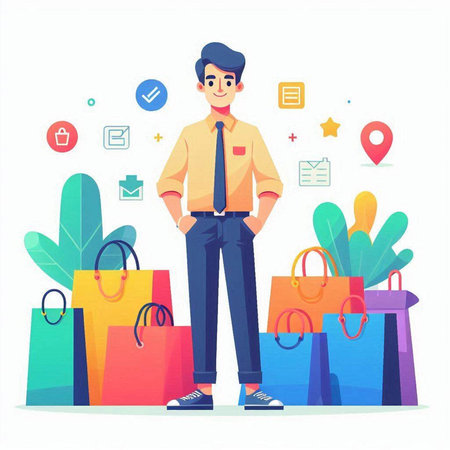 Young man with shopping bags. Vector illustration in flat cartoon style.のイラスト素材