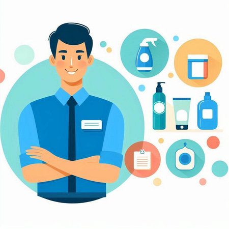 Man in blue shirt and apron standing with crossed arms. Vector illustration.のイラスト素材