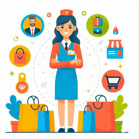Stewardess with shopping bags and icons. Flat vector illustration.のイラスト素材