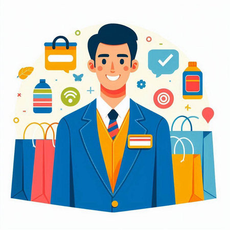 Vector illustration of a man in a business suit with shopping bags.のイラスト素材