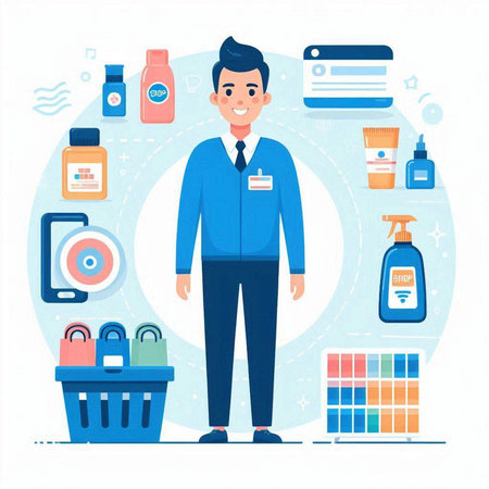 Man with shopping basket and cosmetics. Vector illustration in flat style.のイラスト素材