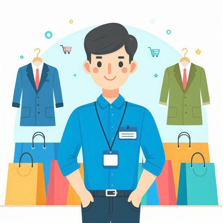 Illustration of a man with shopping bags in the store. Ideal for catalogs, informative and institutional material.のイラスト素材