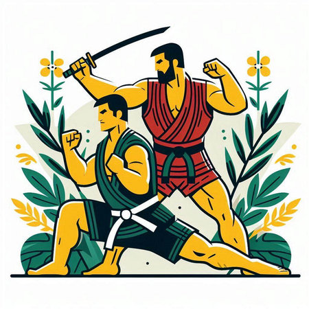 Kung fu master and his son. Martial arts. Vector illustration.のイラスト素材