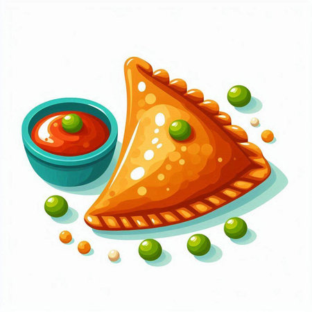 Vector illustration of delicious samosas with tomato sauce and peas.のイラスト素材