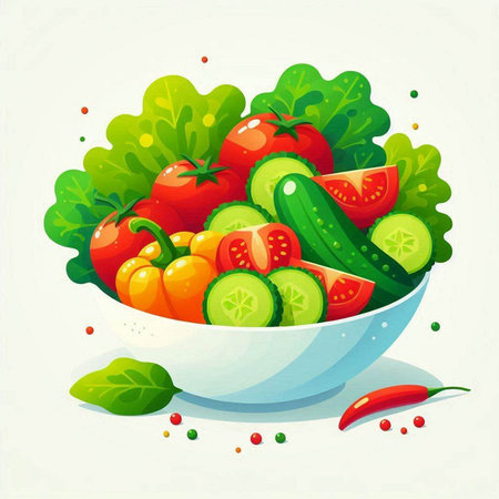 Vegetable salad in a bowl on a white background. Vector illustration.のイラスト素材