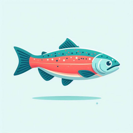 Colorful vector illustration of a rainbow trout on a blue background.のイラスト素材