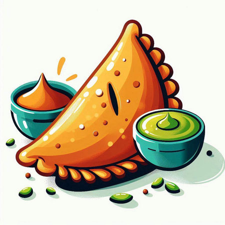 Illustration of a set of empanadas with green sauce.のイラスト素材