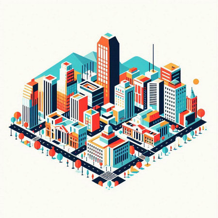 Modern isometric city with skyscrapers and buildings, vector illustrationのイラスト素材