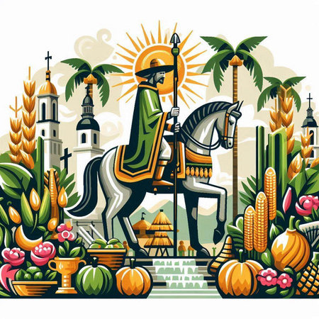 Vector illustration of Jesus Christ riding a horse on the background of the churchのイラスト素材