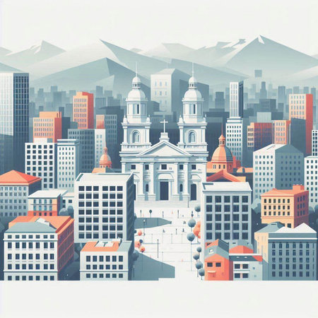 Cityscape with buildings and high-rise buildings. Vector illustration.のイラスト素材