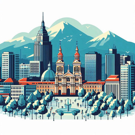 Vector illustration of the city with skyscrapers and high mountains.のイラスト素材