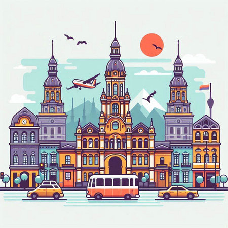 Cityscape with buildings, roads and transport. Vector illustration in flat styleのイラスト素材