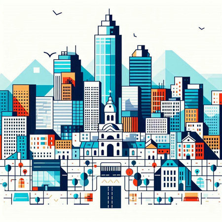 Cityscape of the city. Vector illustration in flat design style.のイラスト素材