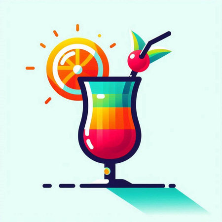 Cocktail with orange and cherry on blue background. Vector illustration.のイラスト素材