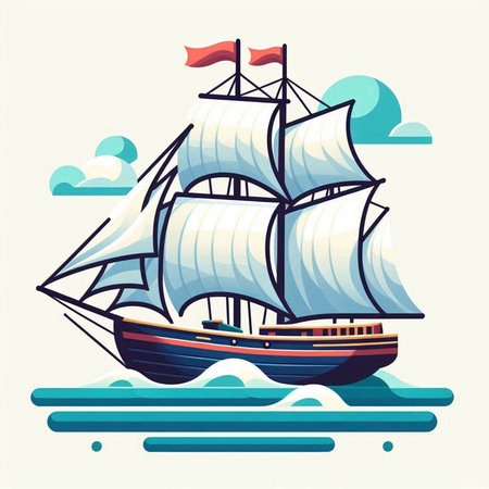 Sailing ship in the sea. Vector illustration in flat style.のイラスト素材