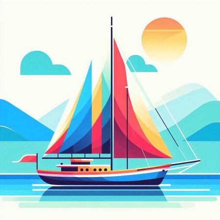 Sailing boat on the sea at sunset. Vector illustration in flat styleのイラスト素材