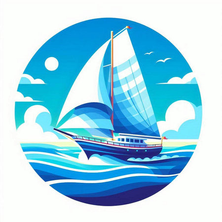 Sailing boat on the sea in a circle. Vector illustration.のイラスト素材