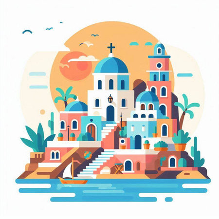 Santorini flat vector illustration. Santorini island, Greeceのイラスト素材