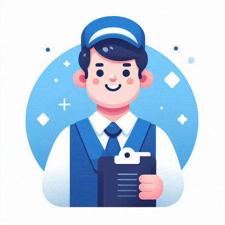 Vector illustration of delivery man in uniform holding clipboard with checklist. Flat style cartoon character.のイラスト素材