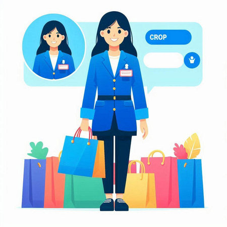 Shopping woman with bags and speech bubble. Vector illustration in flat styleのイラスト素材