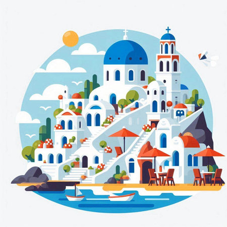 Santorini island, Greece. Vector illustration in flat styleのイラスト素材