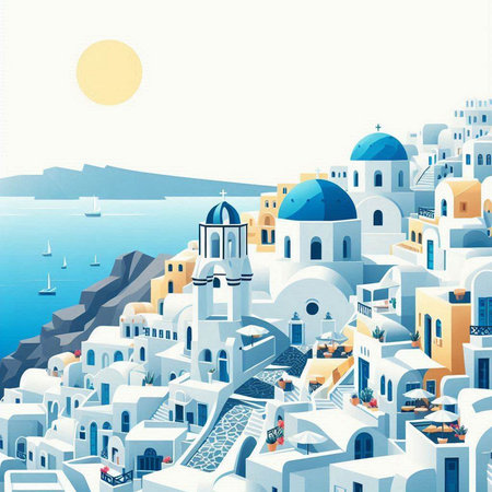 White city on Santorini island, Greece. Vector illustration.のイラスト素材
