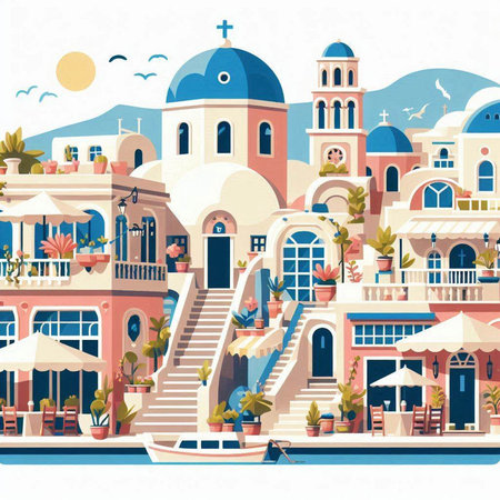 Santorini island, Greece. Vector illustration in flat styleのイラスト素材