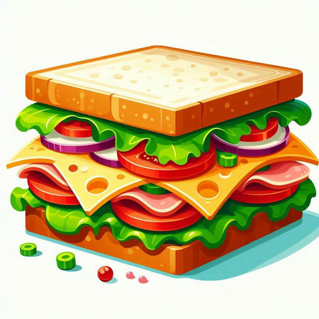Sandwich with ham, cheese, tomato and lettuce. Vector illustration.のイラスト素材
