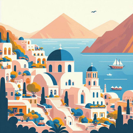Santorini island. Greece. Vector illustration in retro styleのイラスト素材