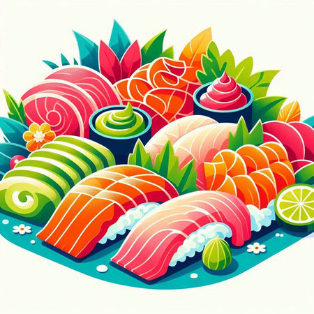 Illustration of Salmon Sushi Rolls with Sashimi Served on a Bright Backgroundのイラスト素材