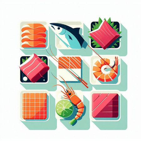 Sushi icon set in flat style. Vector illustration of japanese food.のイラスト素材
