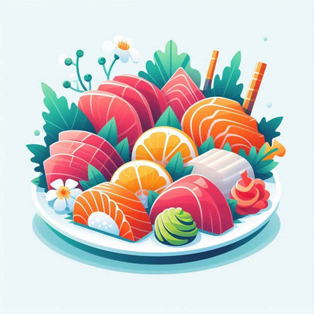 Vector illustration of Japanese food. Sashimi on a plate.のイラスト素材