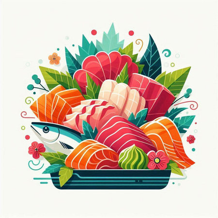 Japanese food vector illustration. Sashimi, salmon, tuna, eel, sashimiのイラスト素材