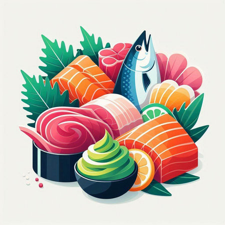 Sushi set. Vector illustration of Japanese food. Sashimi, salmon, tuna, eel, caviar, caviar.のイラスト素材