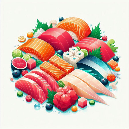 Vector illustration of japanese food. Sashimi, nigiri, sashimi, sushi rolls.のイラスト素材