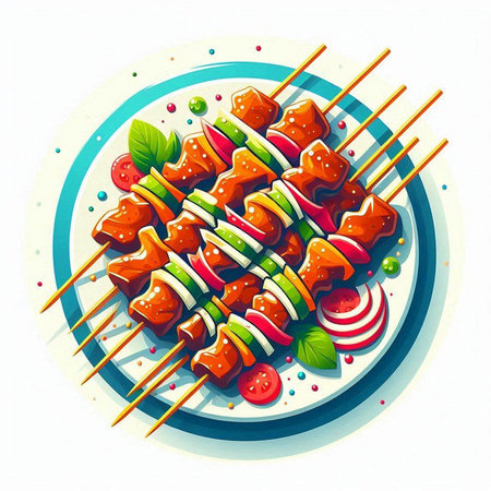 Skewers with vegetables on a plate. Vector illustration.のイラスト素材