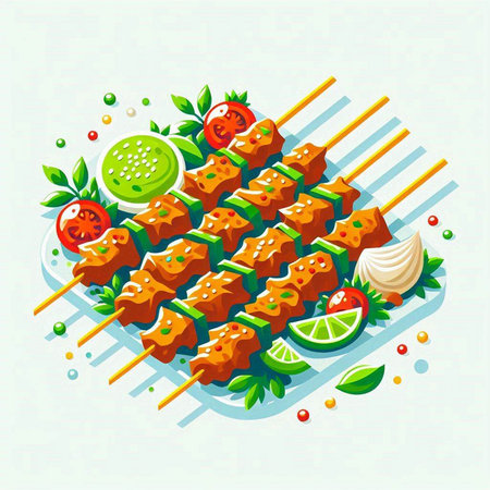 Shish kebab on skewers with vegetables. Vector illustration.のイラスト素材