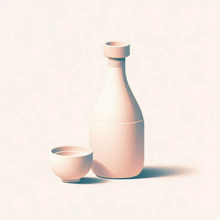 Illustration of Japanese sake in a bottle and a cup on a white backgroundのイラスト素材