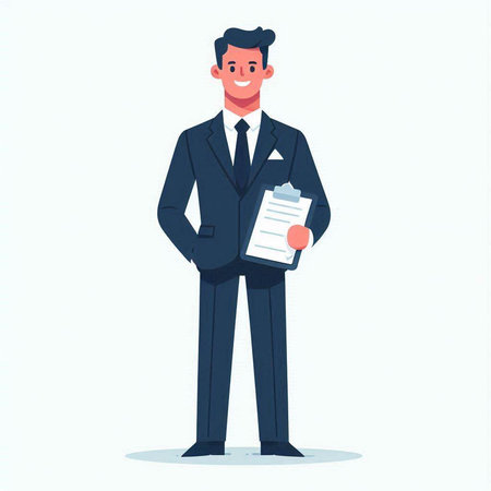 Businessman holding clipboard and pen. Vector illustration in cartoon style.のイラスト素材