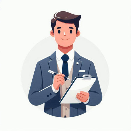 Businessman writing on clipboard. Vector illustration in a flat style.のイラスト素材