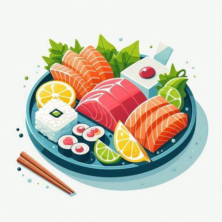 Illustration of sushi on a plate with chopsticks. Vector illustration.のイラスト素材