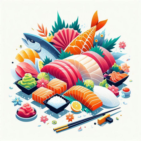 Vector illustration of japanese food. Sashimi, salmon, tuna, fish, rice, seaweed.のイラスト素材