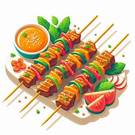 Shish kebab on skewers with tomato sauce. Vector illustrationのイラスト素材
