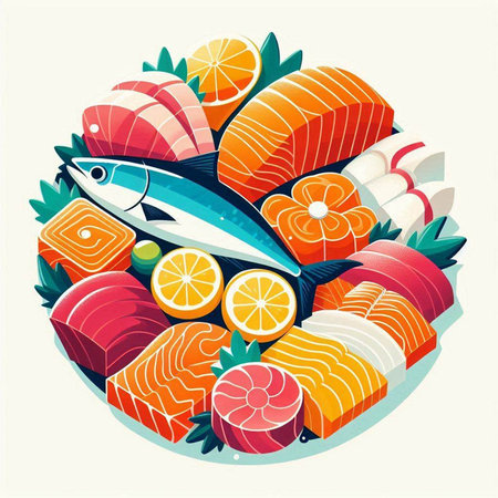 Illustration of fresh salmon, tuna fish, shrimp, crab, squidのイラスト素材