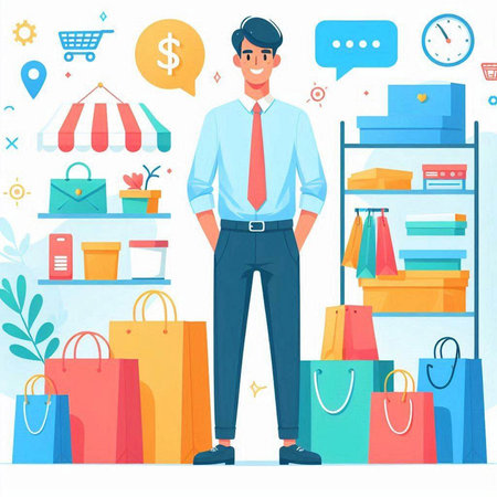 Vector illustration of a man with shopping bags in a store. The concept of sales and discounts.のイラスト素材